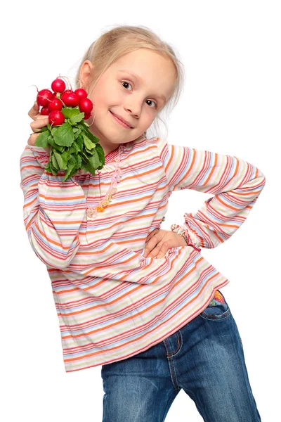 Kind met verse plantaardige geïsoleerd op witte achtergrond — Stockfoto
