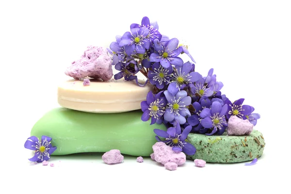 Organic herbal soap, pieces of foam bath, dry shampoo and violet — Stock Photo, Image