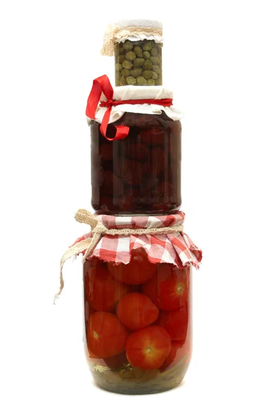 Jar with preserves. Jam, tomatoes and capers isolated on white b — Stock Photo, Image