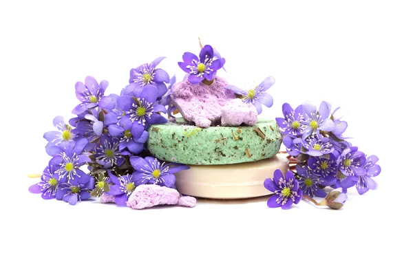 Organische plantaardige zeep, shampoo en droge bloem — Stockfoto