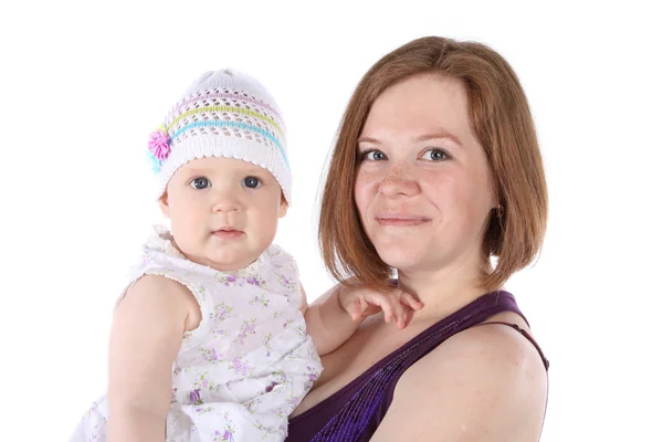 Gelukkig moeder met baby geïsoleerd op wit — Stockfoto