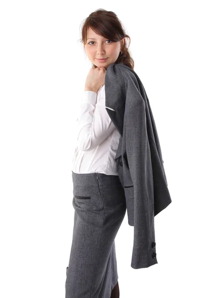 Porträtt av en vacker ung affärskvinna i kostym, happy och — Stockfoto
