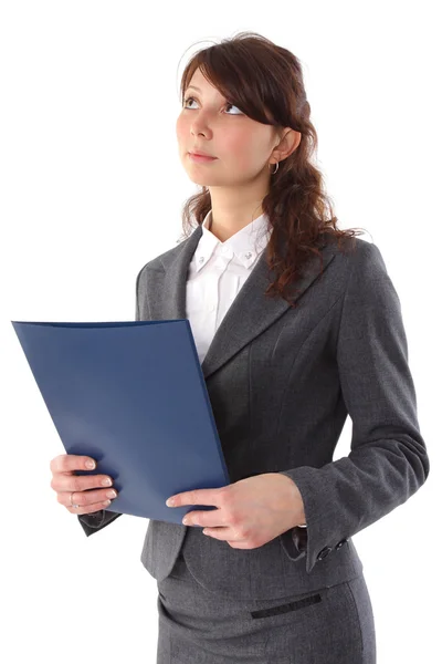 Young happy smiling businesswoman with folder look up. Isolated — Stock Photo, Image