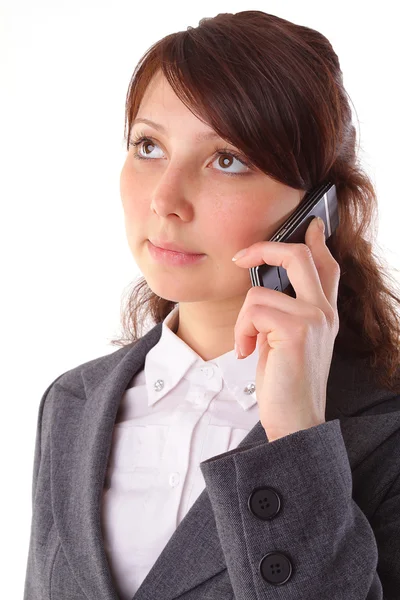 Krásná usměvavá obchodní žena mluví na mobilní telefon, samostatný — Stock fotografie