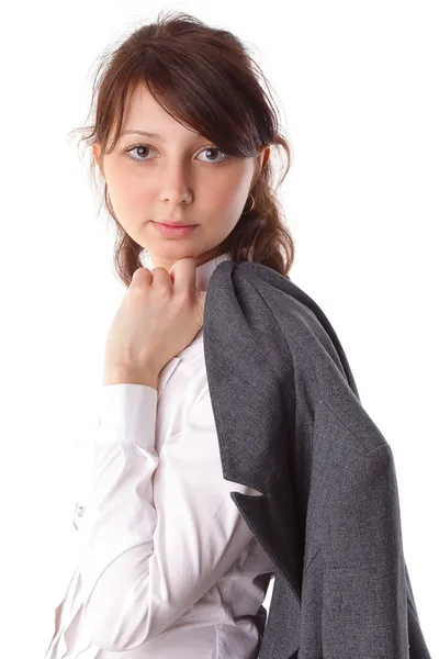 Mooie jonge zakenvrouw in pak geïsoleerd achtergrond — Stockfoto