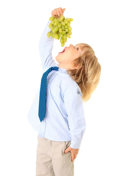 En liten gutt som holder en gren av grønne druer og vil spise dem. – stockfoto