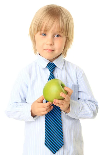 Blond child holding fruit. Series. Isolated over white — Stock Photo, Image