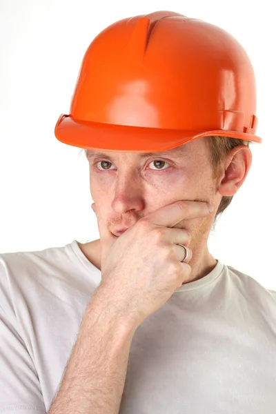 Rozmyślać architekt inżynier budowy pomarańczowy hełm — Zdjęcie stockowe