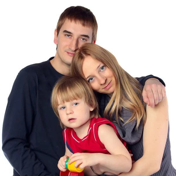Šťastná rodina. otec, matka a dítě. nad bílým pozadím — Stock fotografie