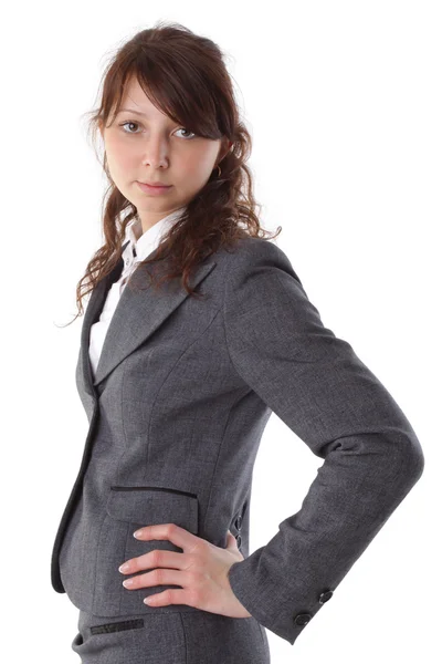 Jonge zakenvrouw in pak geïsoleerd op wit — Stockfoto