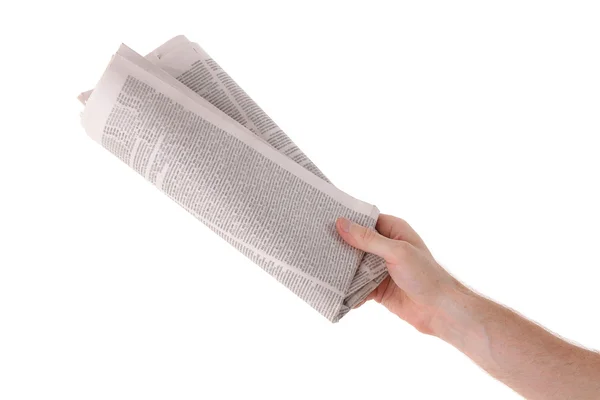 Mano masculina dar periódico. Aislado sobre blanco — Foto de Stock