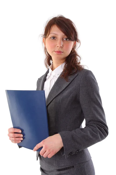 Businesswoman s modrým pilníkem pohled na kameru izolované na bílém — Stock fotografie