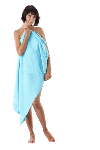 Beautiful sexy woman with blue towel before spa treatment. Serie — Stock Photo, Image