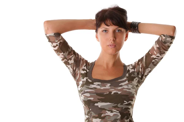 군사 셔츠 화이트에 고립 된 젊은 아름 다운 여자 — 스톡 사진