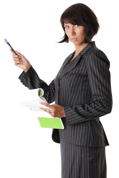 Beautiful business woman chief points to something — Stock Photo, Image