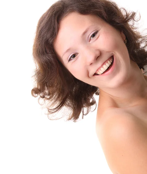 Glada leende kvinna isolerade över vit bakgrund — Stockfoto