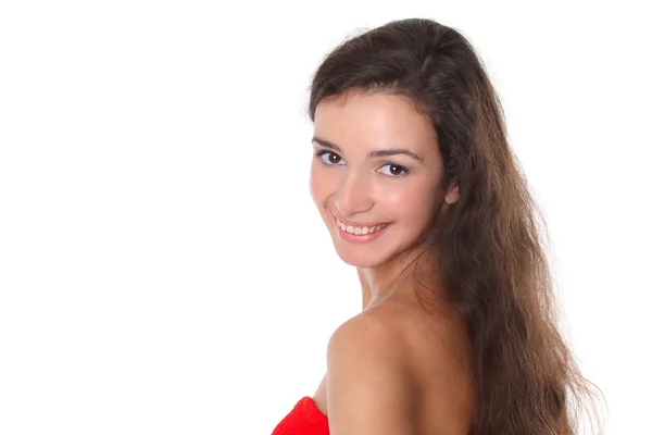 Schöne lächelnde Frau isoliert auf weißem Hintergrund — Stockfoto