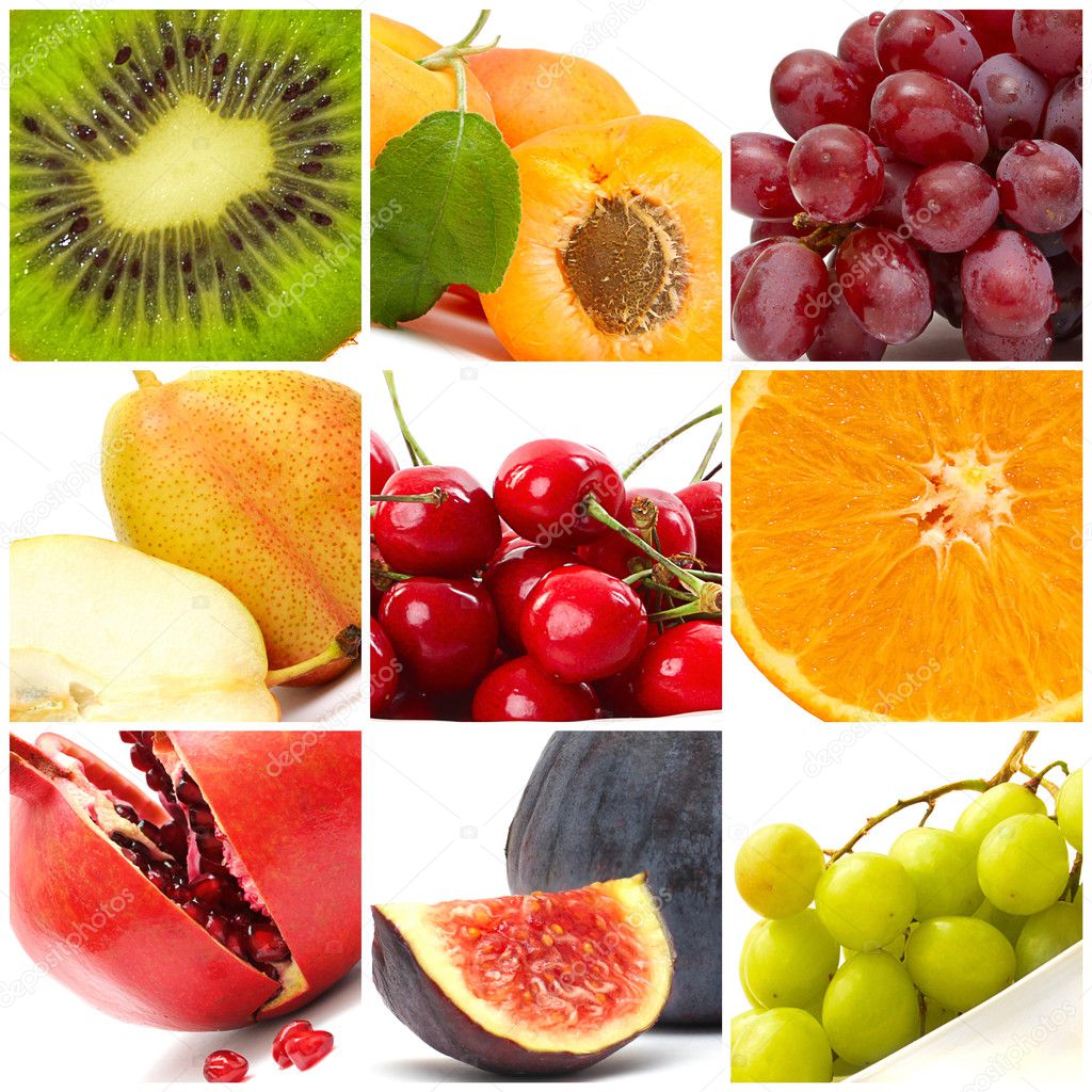 Colorful fruit collage of nine photos
