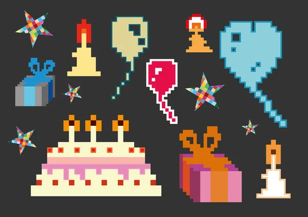 Las plantillas de fiesta del pastel y las esferas en el píxel de estilo Ilustraciones de stock libres de derechos