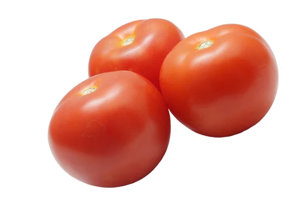 Три спелых помидора, изолированных на белом — стоковое фото