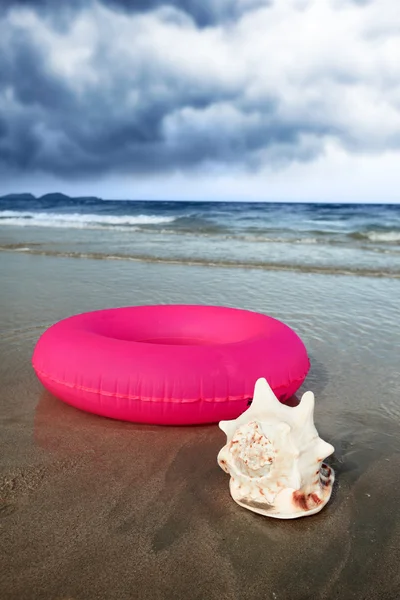 Seashell and inflatable tube — Zdjęcie stockowe