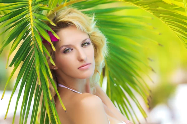 Žena poblíž palmy — Stock fotografie