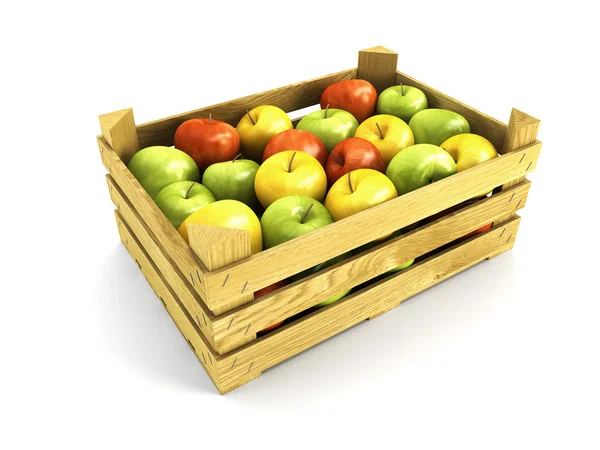 Caisse en bois pleine de pommes — Photo