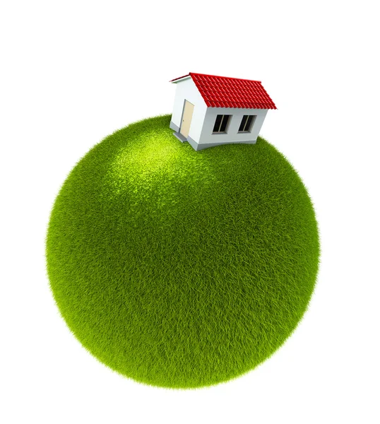Huis op een kleine groene planeet — Stockfoto