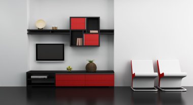 Lounge room interior with bookshelf and TV clipart