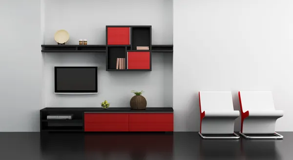 Interior da sala de estar com estante e TV — Fotografia de Stock