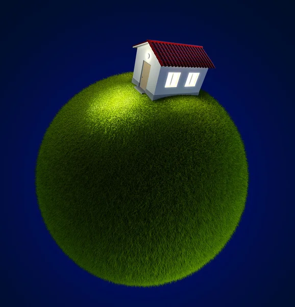 Huis op een kleine groene planeet — Stockfoto
