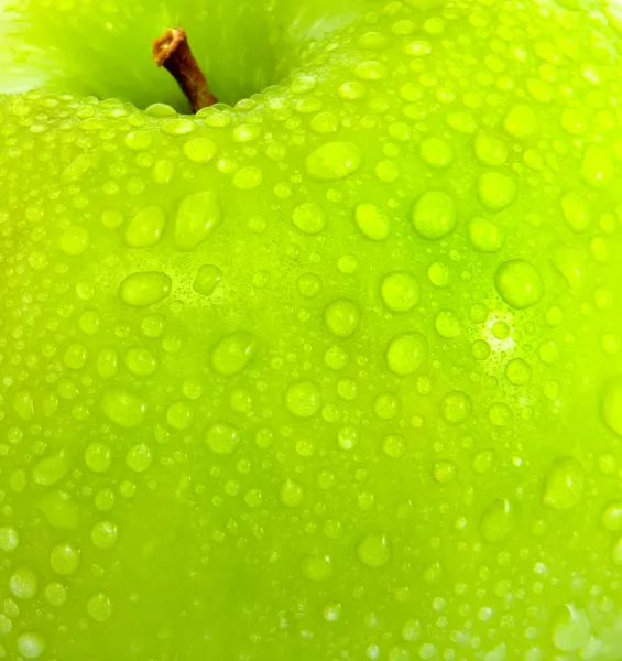 Яблоко в зеленом с каплями воды — стоковое фото