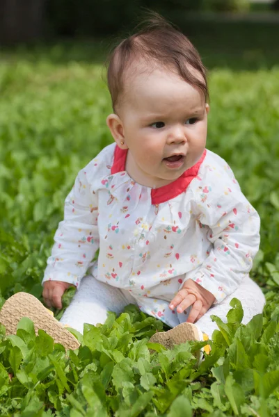 Een klein meisje, zittend op groen gras in het park — Stockfoto