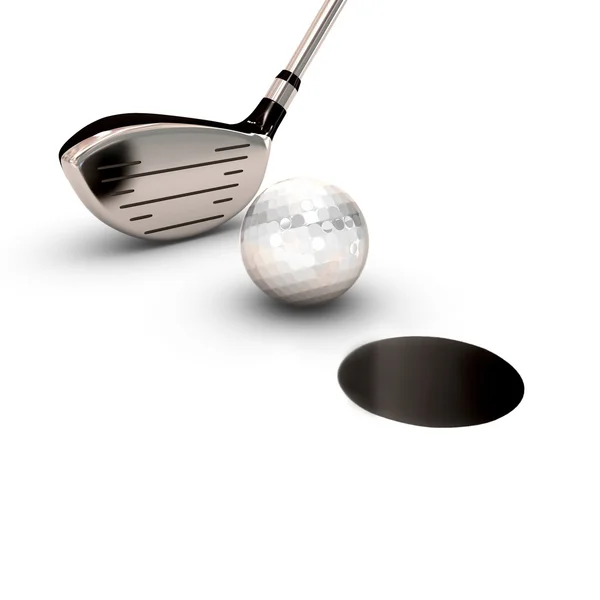 Mosazné pro golf s míčem v blízkosti černé díry — Stock fotografie