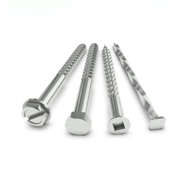 Four stainless steel fasteners on white floor — Stock Photo, Image