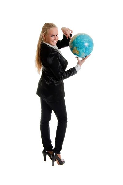 Businesswoman holding globe in hand — Stock Photo, Image