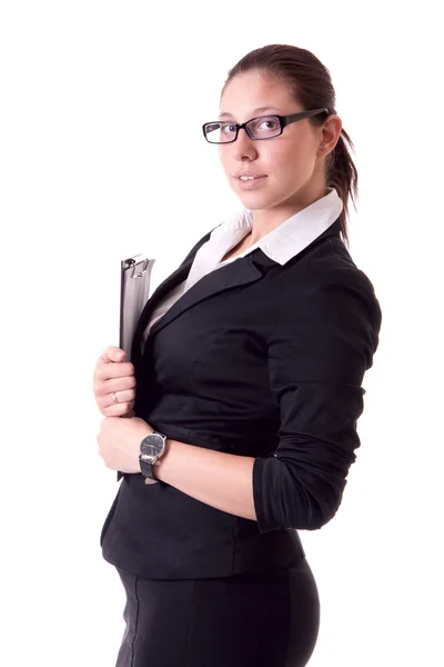Geschäftsfrau mit weißem Ordner auf weißem Hintergrund isoliert — Stockfoto