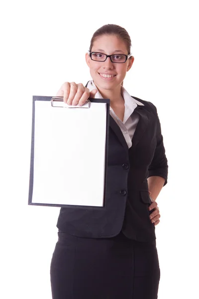 Geschäftsfrau mit weißem Ordner auf weißem Hintergrund isoliert — Stockfoto