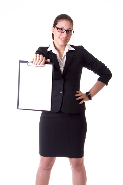 Businesswoman with white folder on white background isolated — Stock Photo, Image
