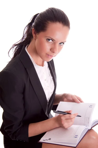 Donna d'affari con cartella bianca su sfondo bianco isolato — Foto Stock