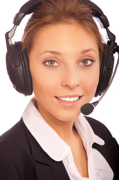 Vrouw-distpetcher met oor-telefoons — Stockfoto