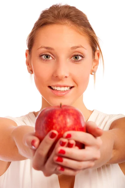 Chica con manzana roja en las manos — Foto de Stock
