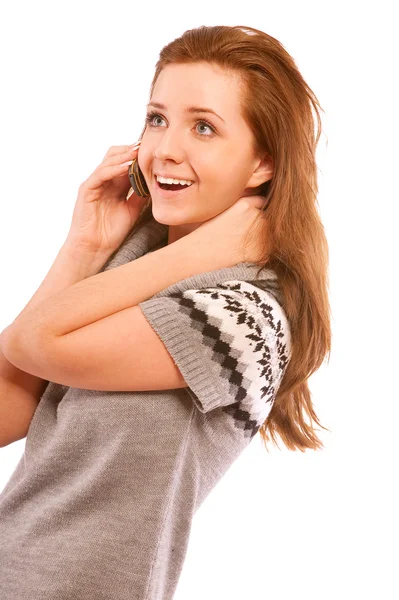 Mädchen am Telefon sieht glücklich aus — Stockfoto