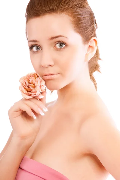 Woman with rose in pink dress — Stock Photo, Image