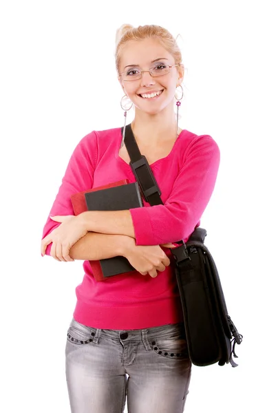 Ragazza-studente con portafoglio ride — Foto Stock