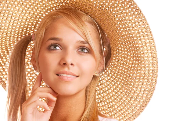 Meisje dragen straw-hat portret — Stockfoto