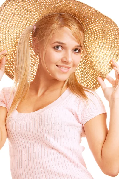 Dívka na sobě straw-hat portrét彼女の携帯電話で話している女の子 — Stock fotografie