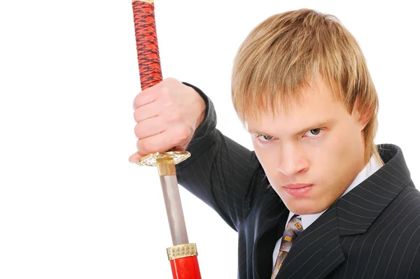 Homem com espada protege os negócios — Fotografia de Stock