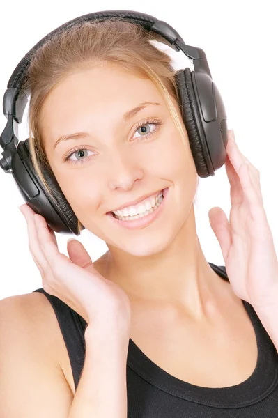 Menina em fones de ouvido pretos — Fotografia de Stock