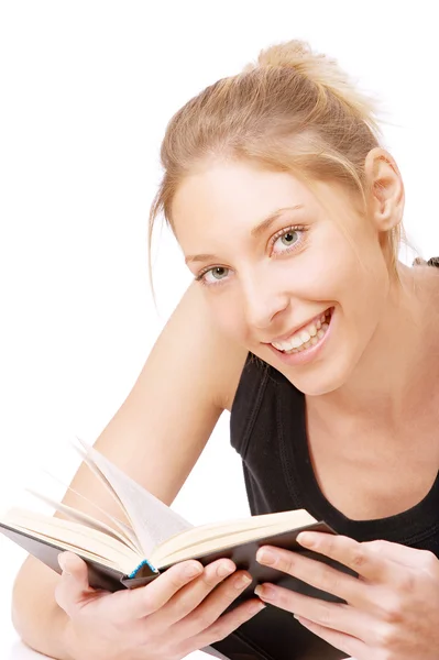 Menina de colete preto lê livro — Fotografia de Stock